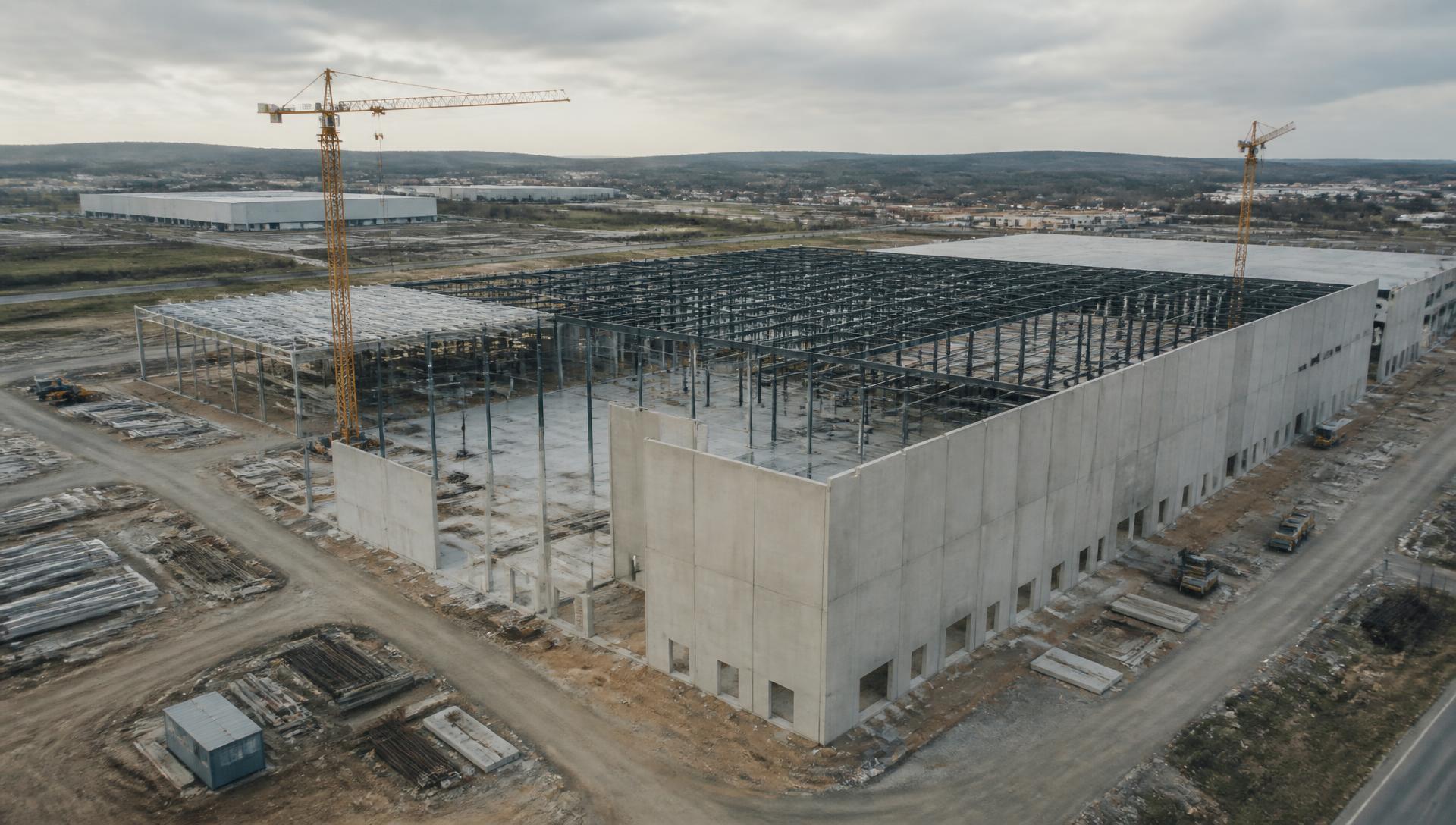 Aerial view of a commercial tilt-panel warehouse under construction with tower cranes, Sunshine Coast Queensland