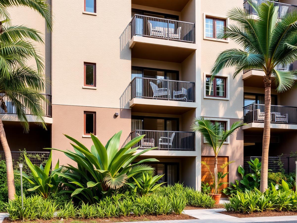 Contemporary multi-unit residential development with balconies and subtropical landscaping in Buderim