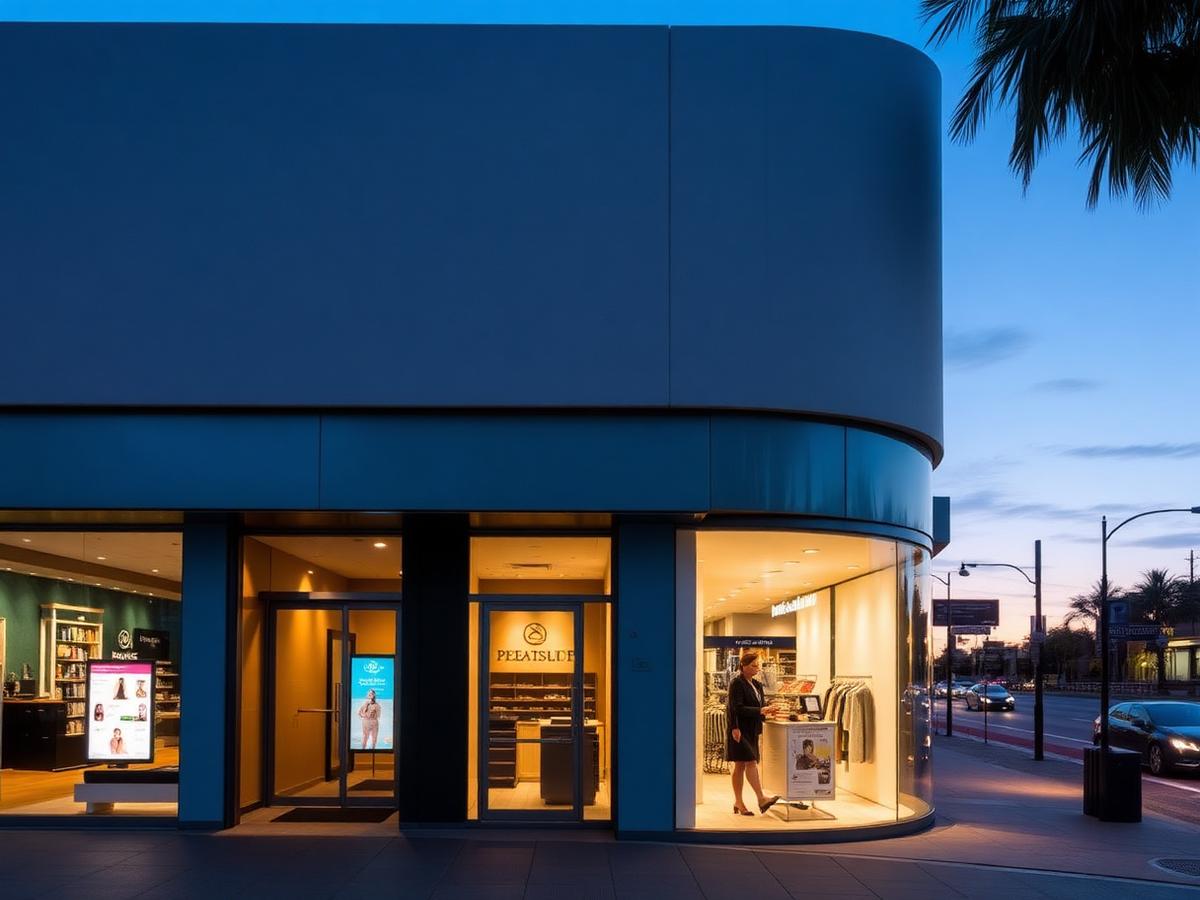 Premium retail precinct shopfront at dusk with glass facade in Noosa Heads